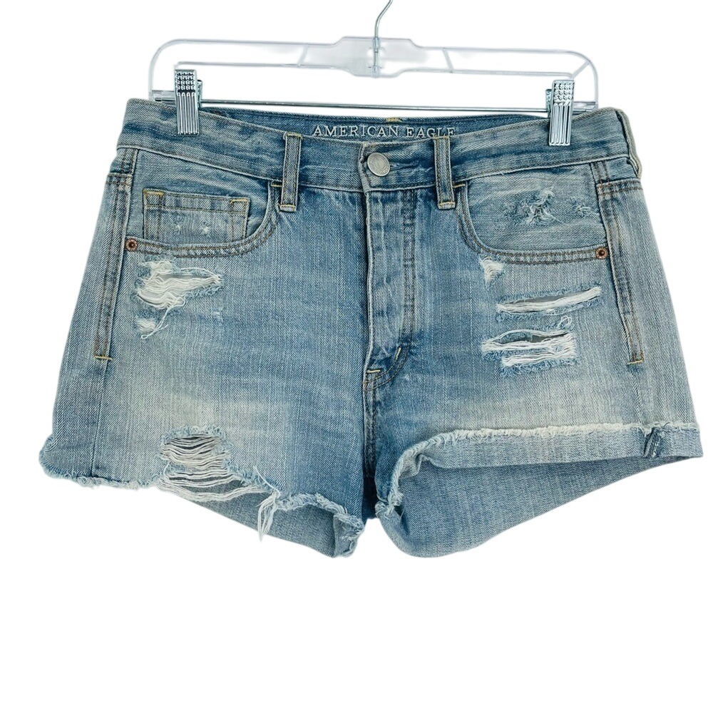 American Eagle Denim Shorts Womens 4 Blue Distressed High Rise Button Fly Cutoff